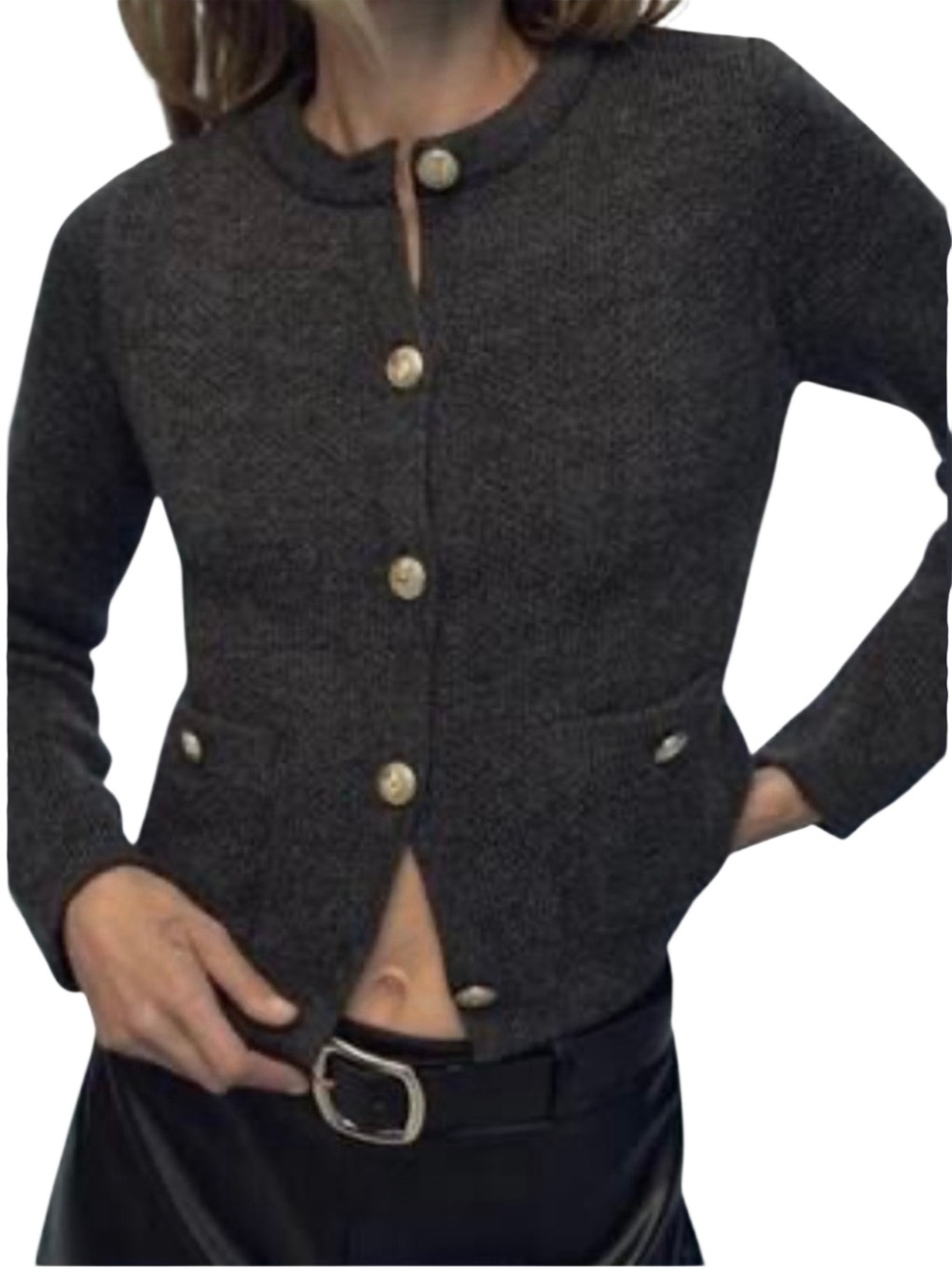 Zara Women’s Gray knit cardigan with polished gold-tone buttons in Size Small.